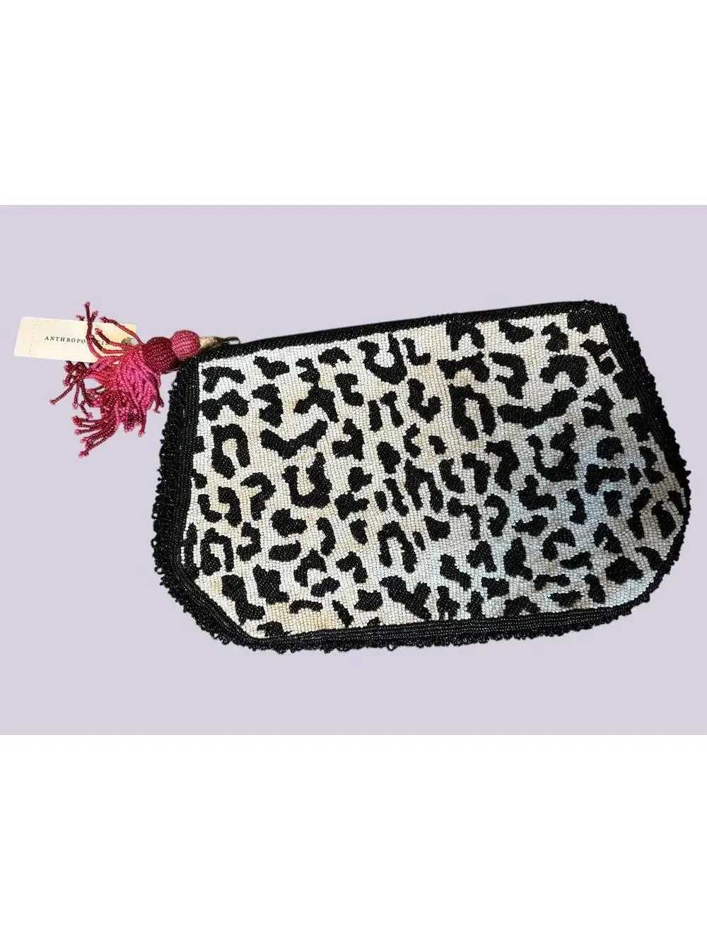 Anthropologie Beaded Leopard Print Pouch with Tassel